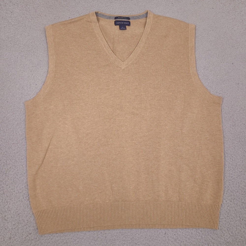 Lands End Mens Sweater Vest Large Camel Brown Tan Supima Cotton‎ V-Neck